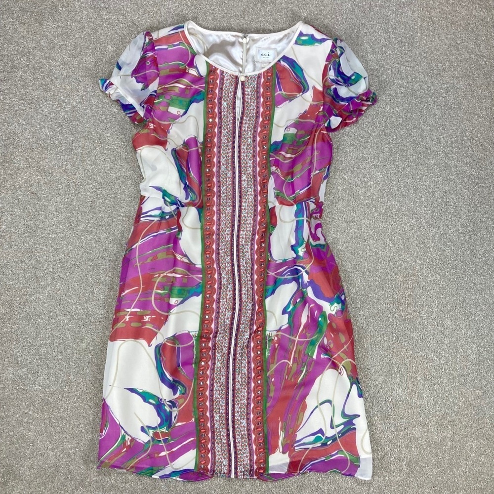 ECI New York Abstract Print Shift Mini Dress Women 14 Cream Purple Festival Chic